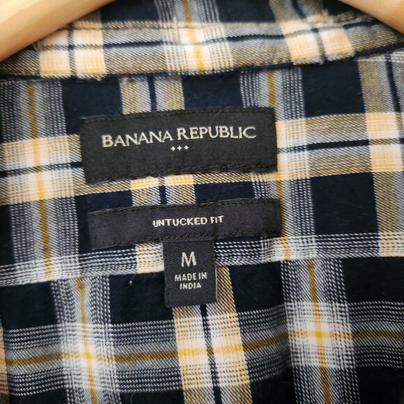 Banana Republic Men's Plaid Untucked Fit Shirt Navy Yellow Checkered Casual - Picture 4 of 8